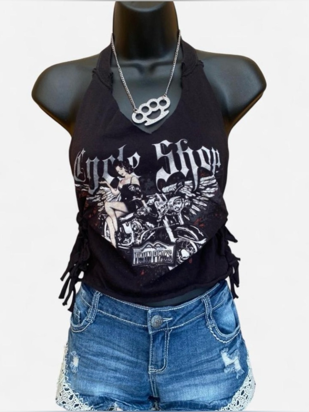 Upcycled Y2k Grunge Twin Peaks Cycle Shop Biker Babe Halter Top with Fringe Side
